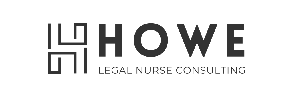 Logo for Howe Legal Nurse Consulting. The design features the word "HOWE" in bold uppercase letters with a stylized "H" made of geometric lines to the left. Below "HOWE," the text "LEGAL NURSE CONSULTING" is written in smaller uppercase letters.